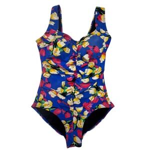 Blue and Yellow One Piece Swimsuit with Floral Print Size 12